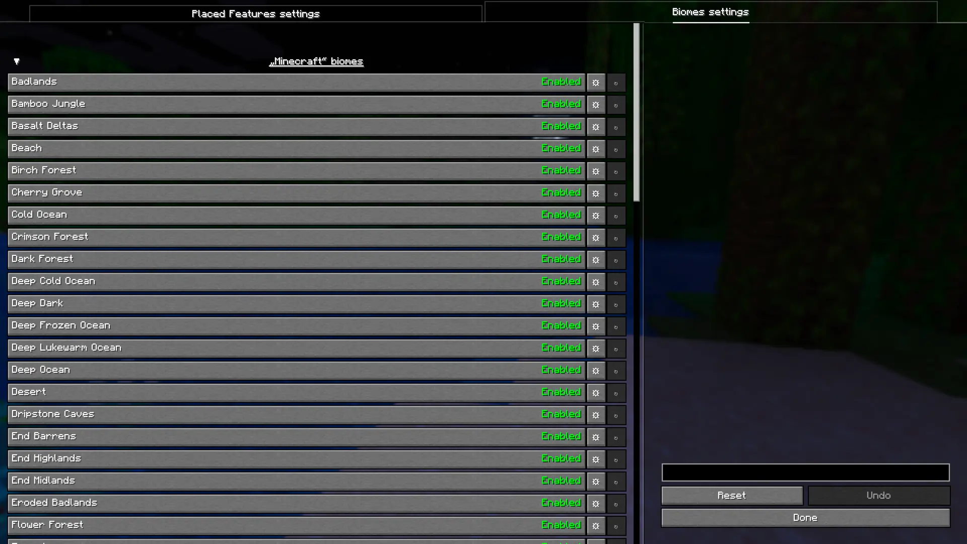 Biomes settings