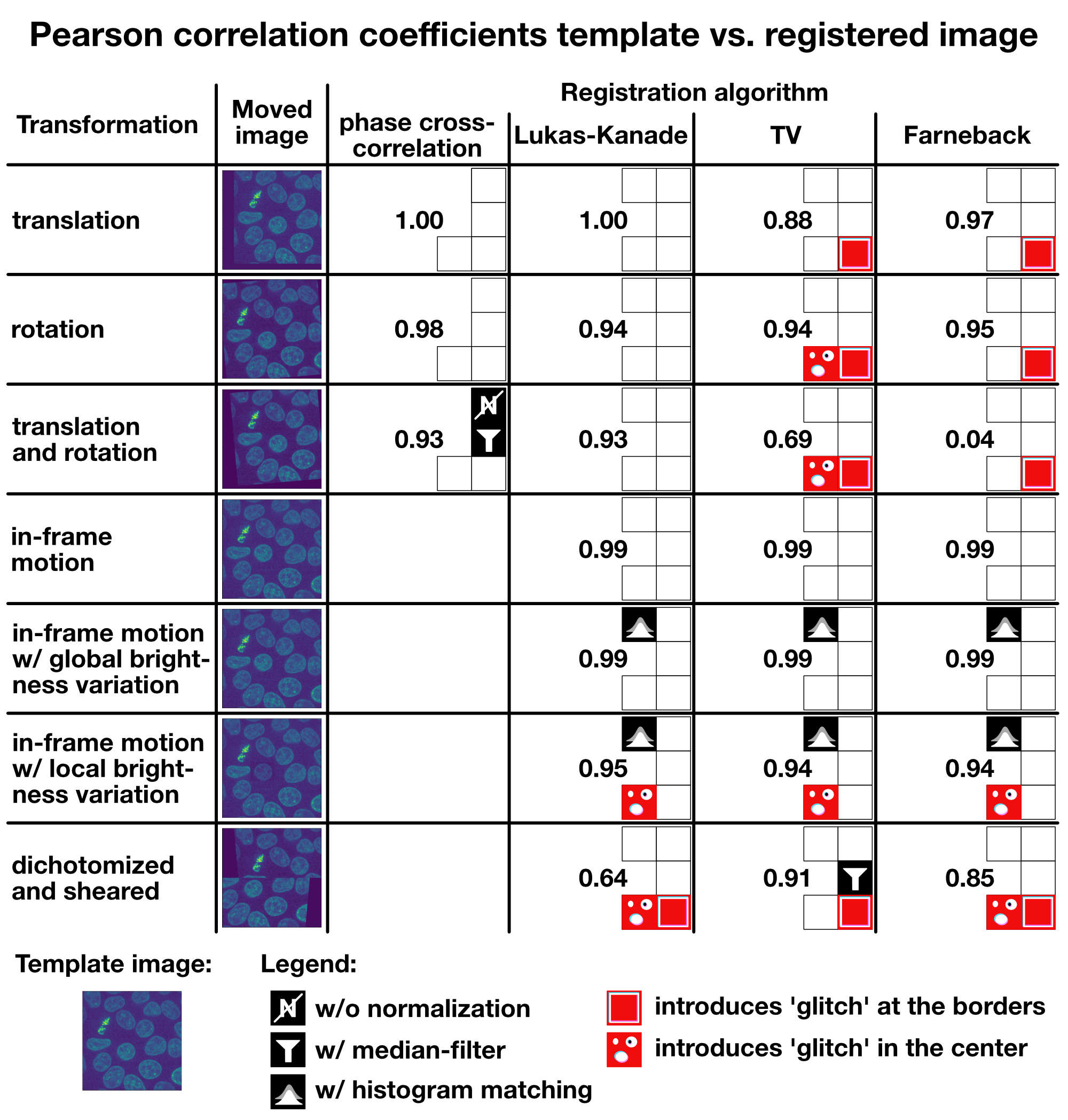 Summary of our results: Pearson correlation coefficients for the template image vs. the registered image for each tested transformation and algorithm.