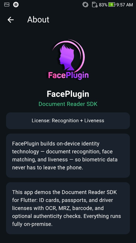 FacePlugin Document Reader — About with on-device Recognition + Liveness license