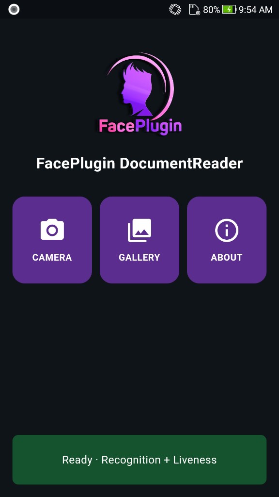 FacePlugin Document Reader — Home with Camera, Gallery, About and Recognition + Liveness