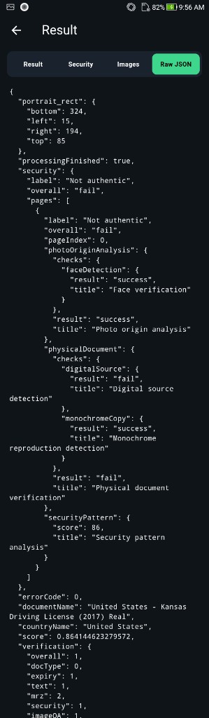 FacePlugin Document Reader — Raw JSON recognize response for integration