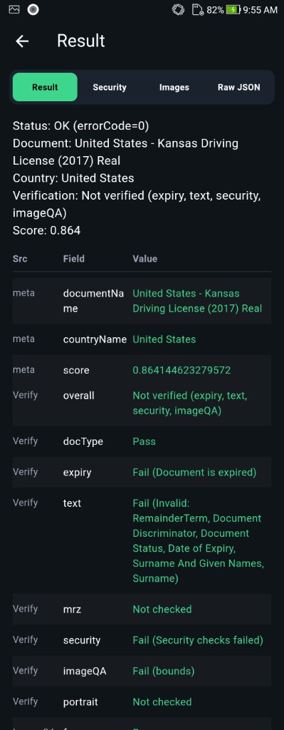FacePlugin Document Reader — Result tab with OCR, MRZ, and barcode fields