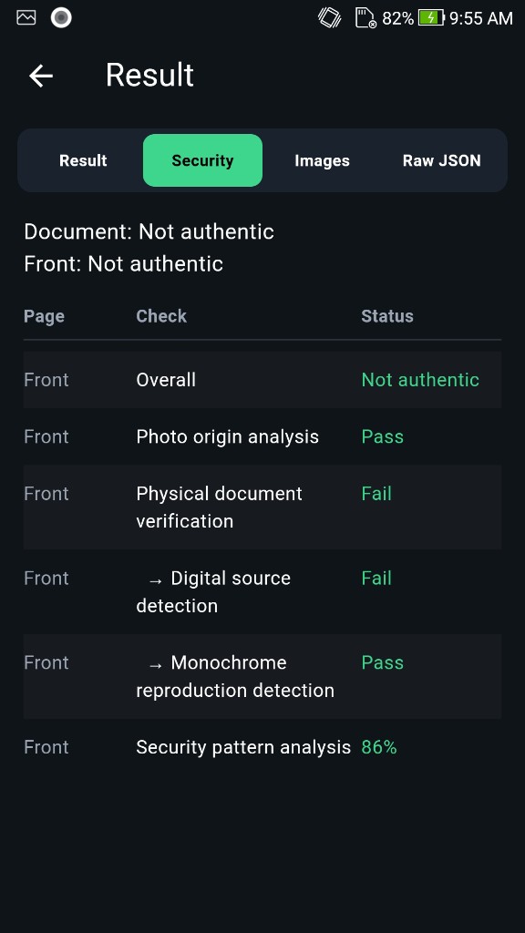 FacePlugin Document Reader — Liveness tab with authenticity and document liveness