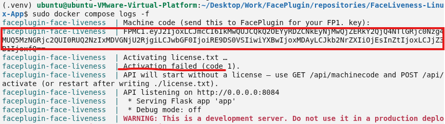 Docker logs: machine code printed, activation failed, Flask API still listening