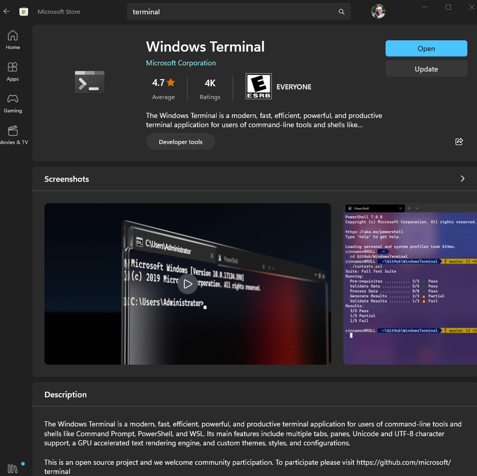 Windows Terminal on Microsoft Store