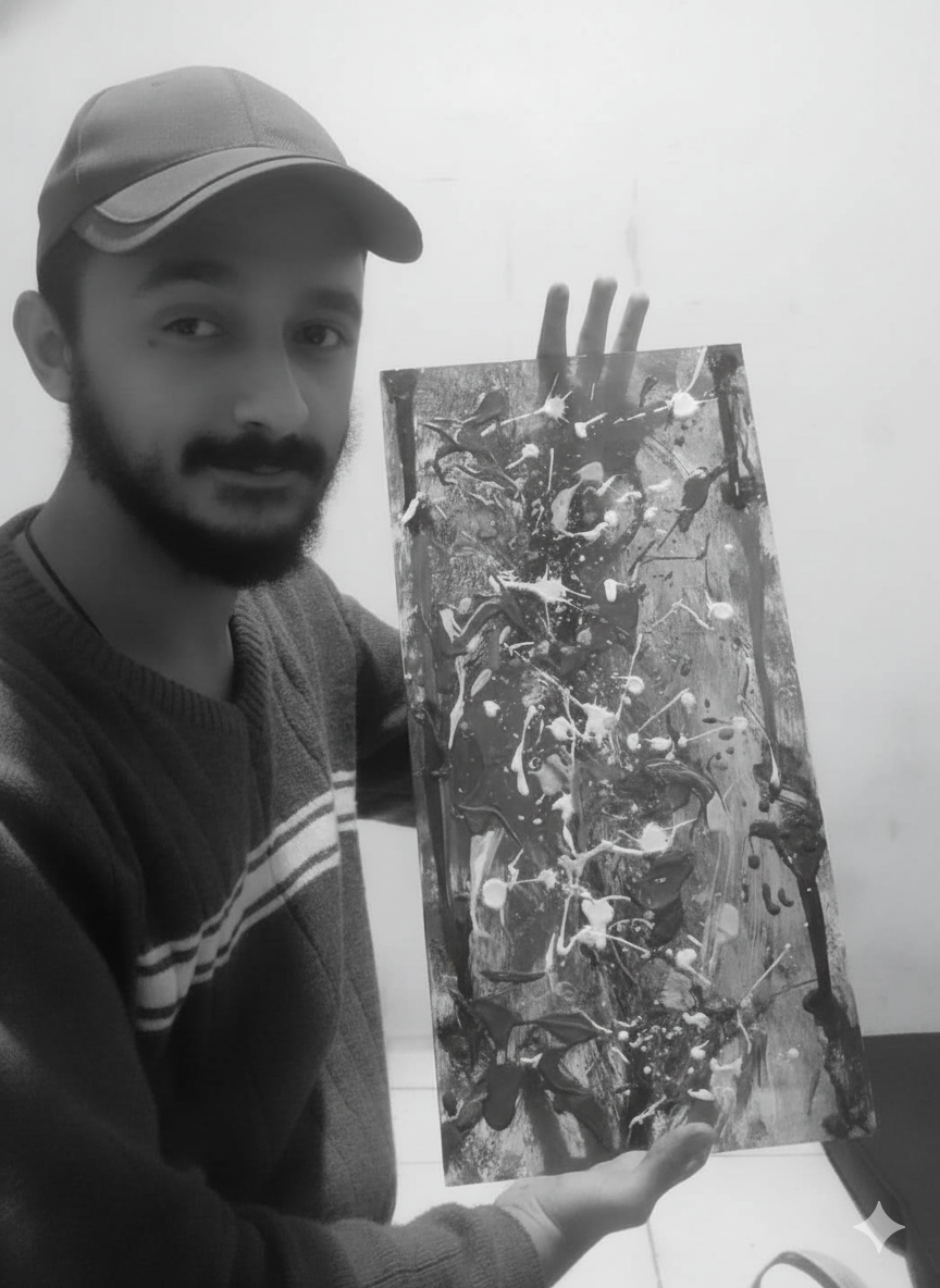 Kayque Faiolhe da Silva Alves — artista segurando uma de suas telas