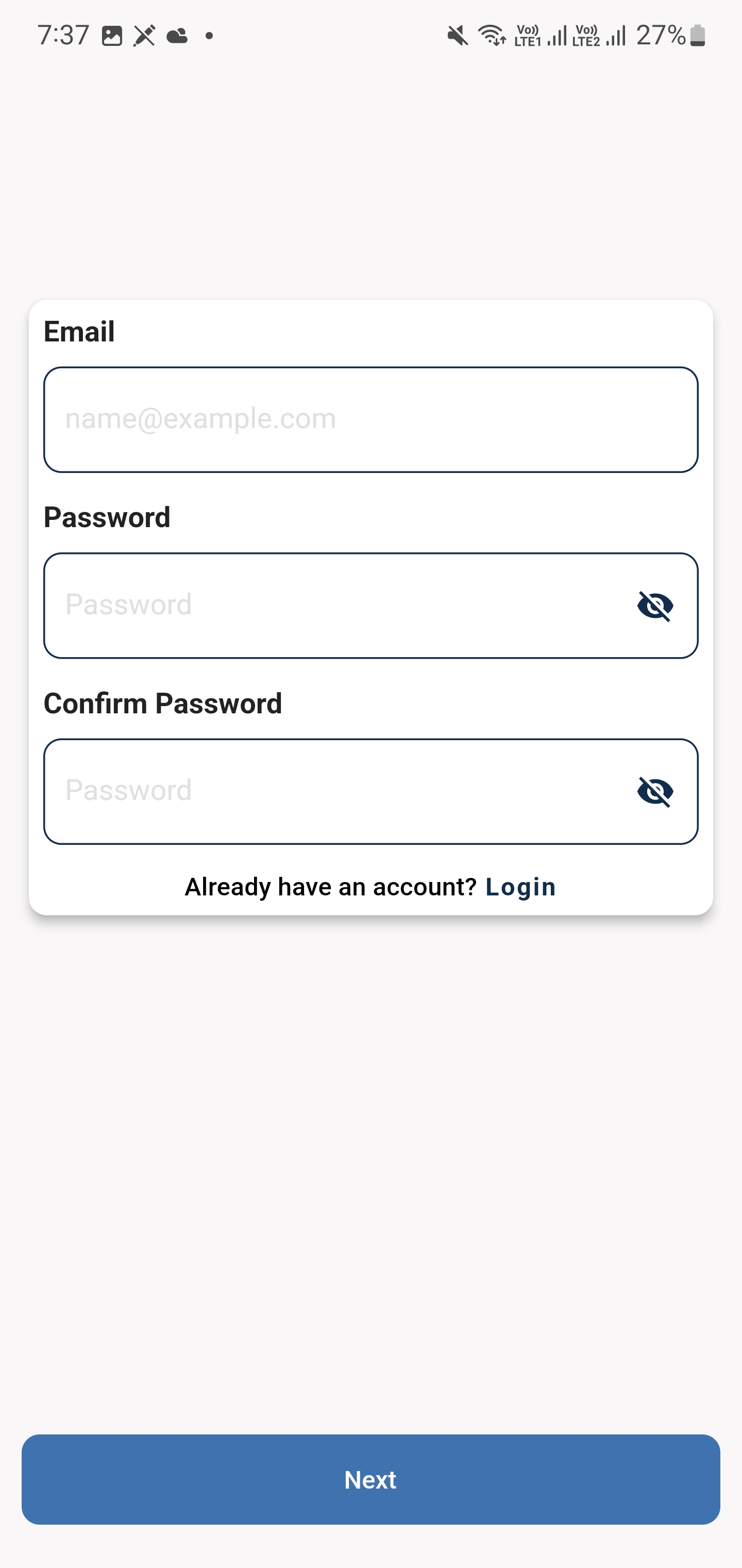 Create a new account page