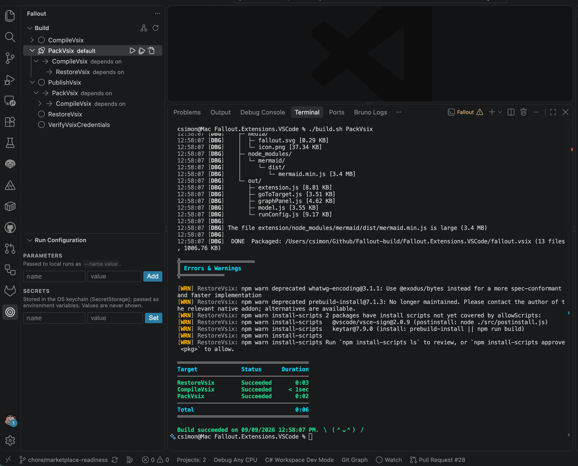 Running PackVsix from the tree, with Fallout's summary table in the terminal