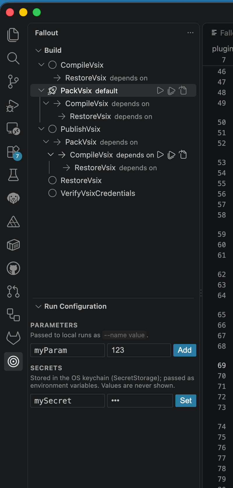 The Run Configuration view with a parameter and a secret