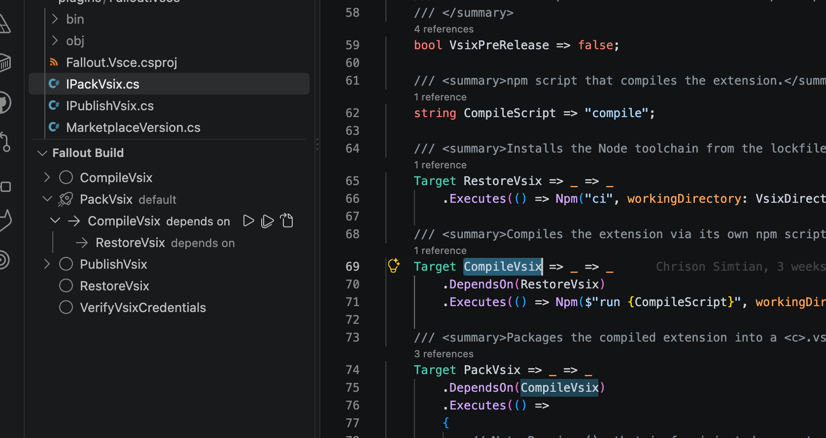 Targets expanded to show their dependencies, beside the C# that declares them