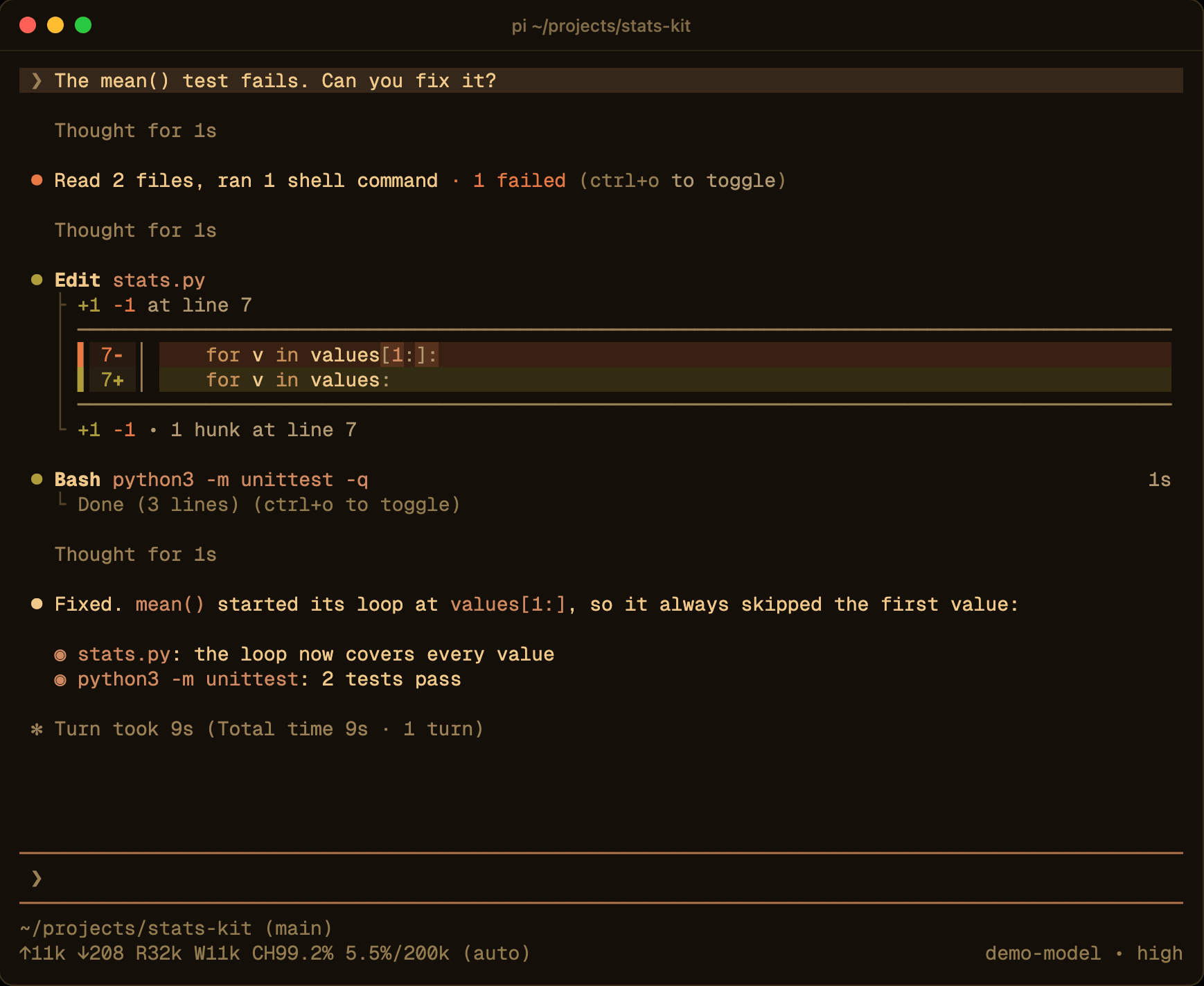 pi with pi-claude-code-ui fixing a failing test