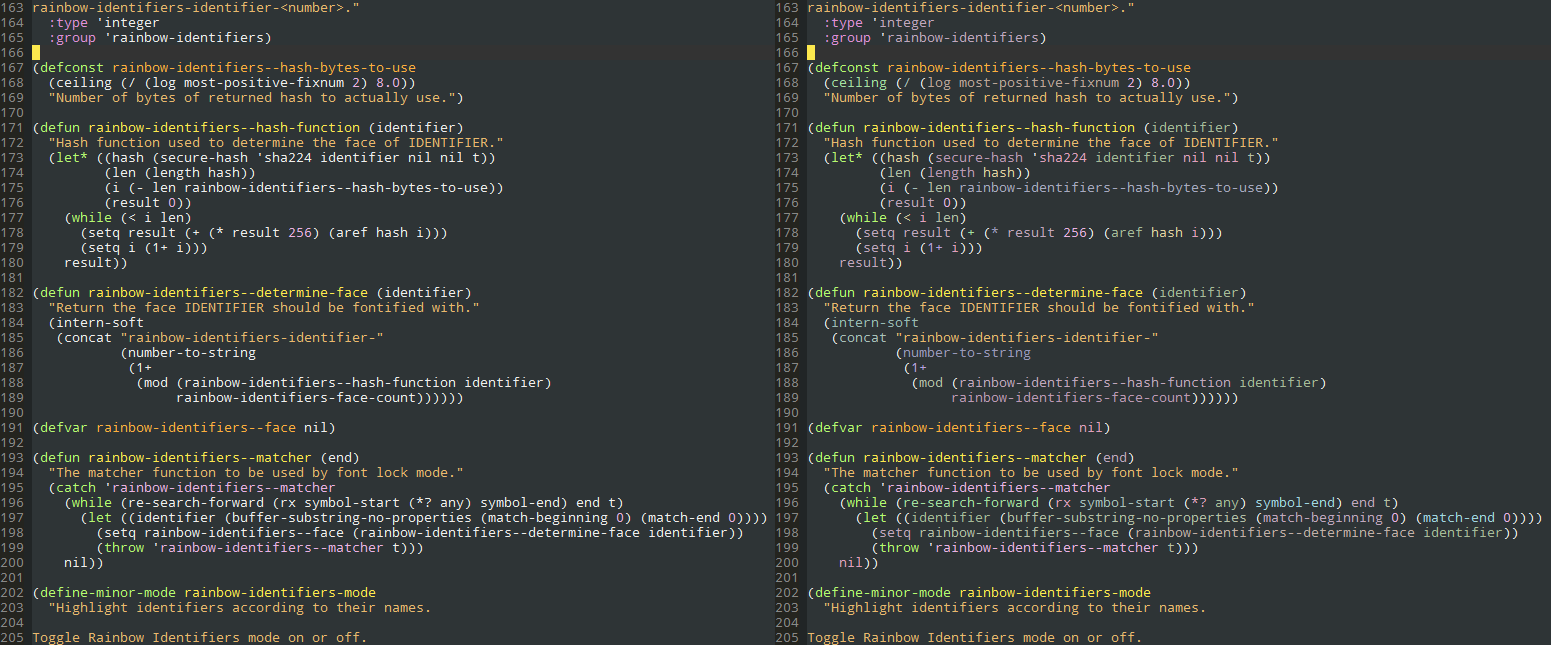 Screenshot of rainbow identifiers mode on its own code
