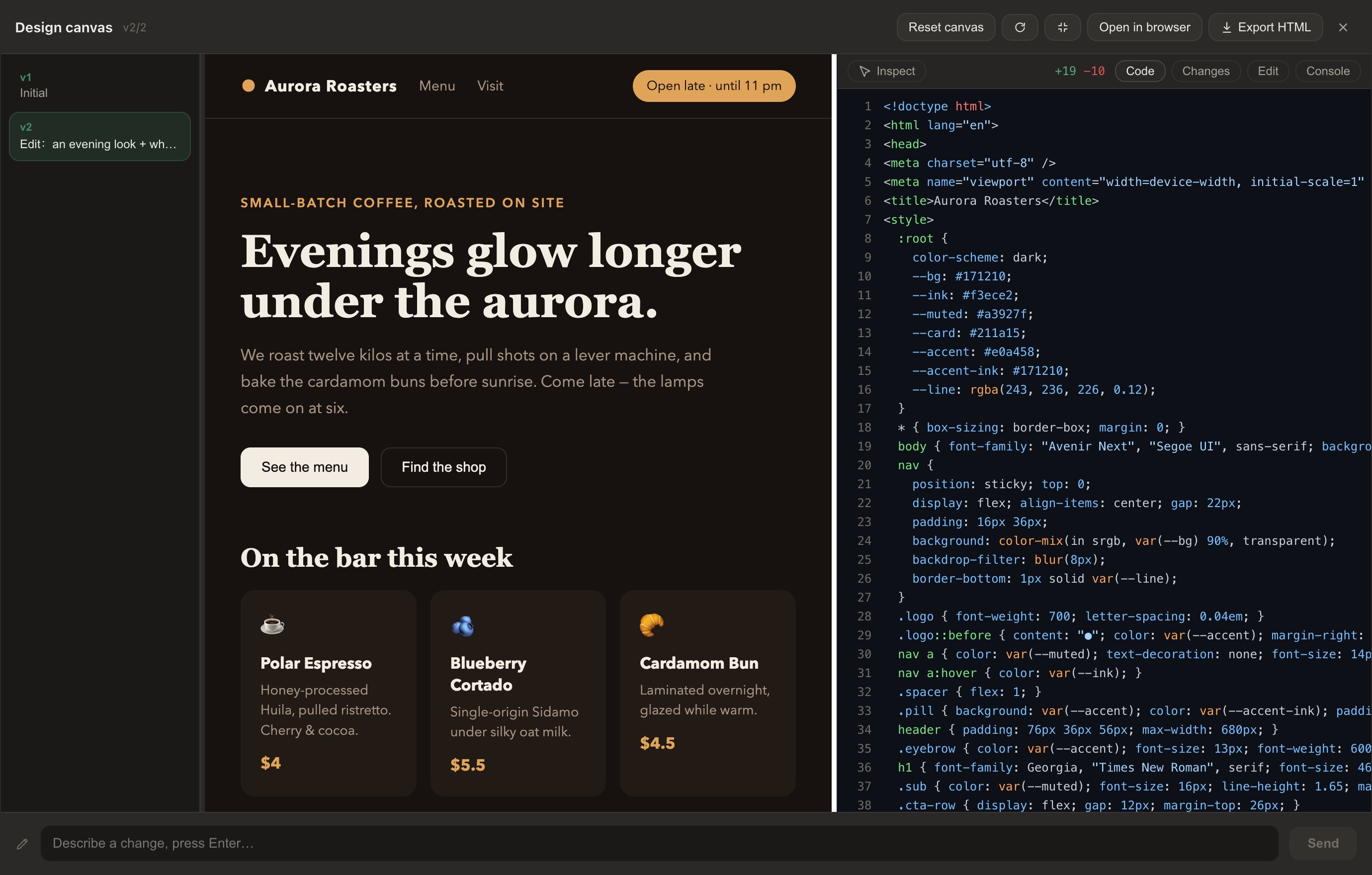 Design Canvas: live preview beside the actual source, element↔line inspect, console