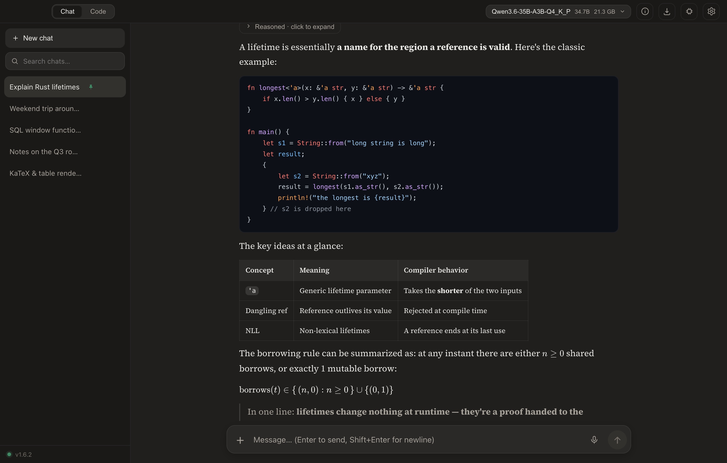 Rich chat rendering — syntax-highlighted code, tables, and KaTeX math