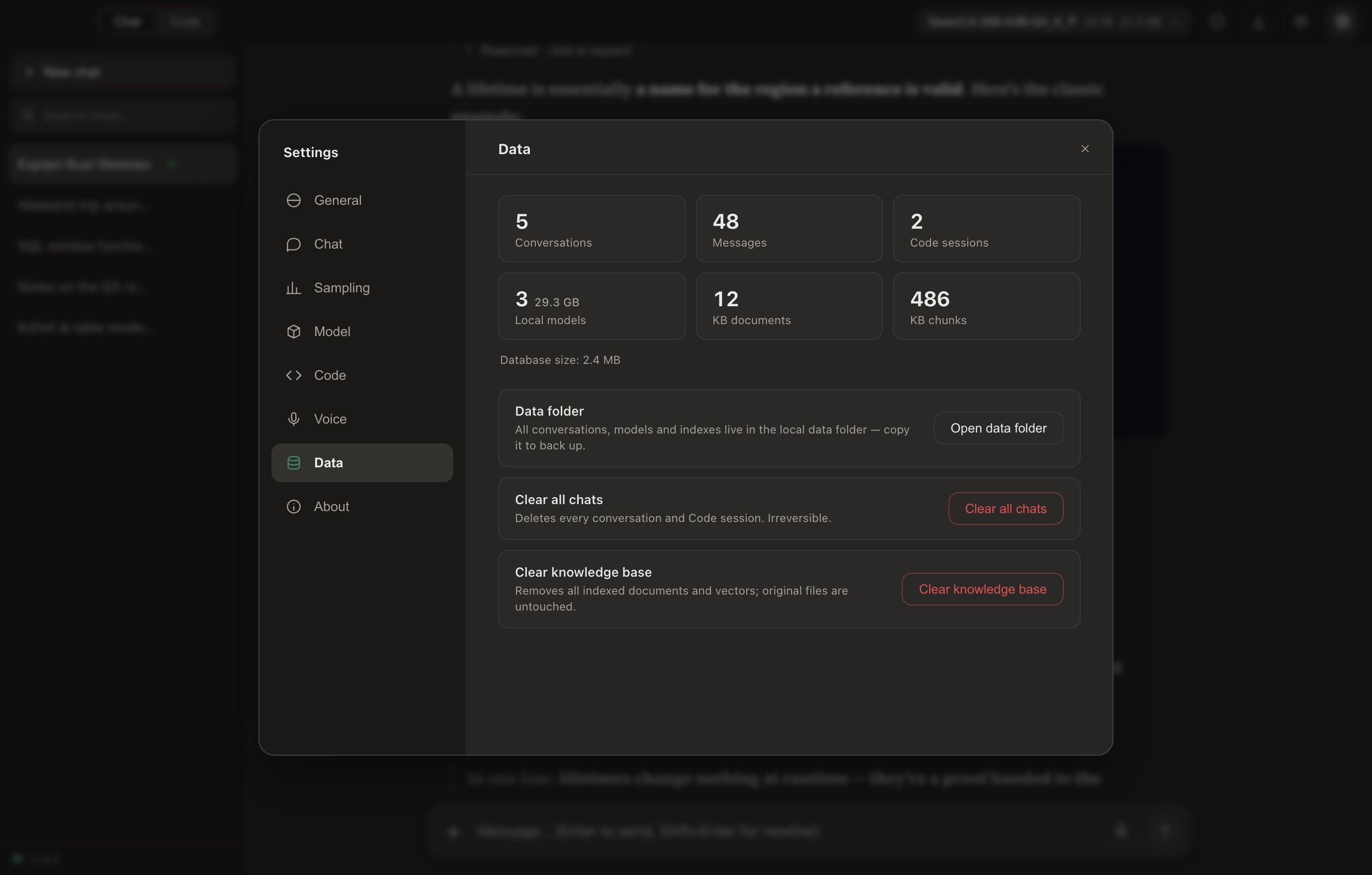 Settings — a local data dashboard showing conversations, models, and knowledge-base stats