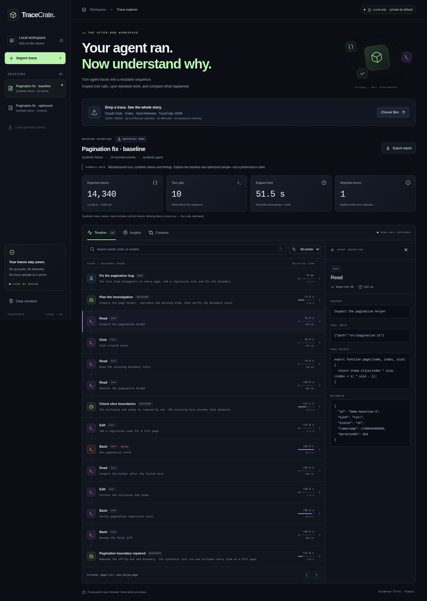 Synthetic demo screenshot: TraceCrate's recorded metrics, timeline, and selected tool event on the live site.