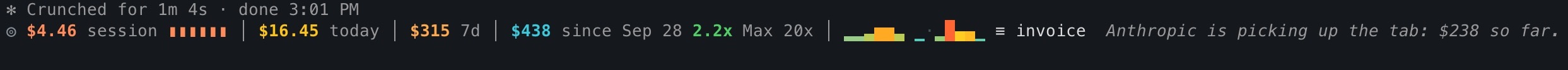 what-would-it-cost: a live API cost bar above the Claude Code prompt