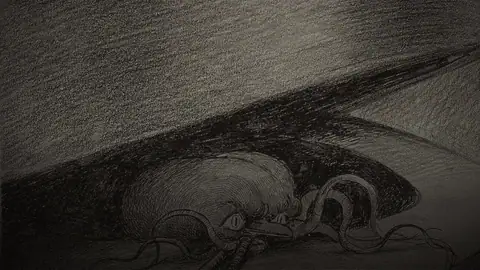 An engraved illustration of a Martian from The War of the Worlds.