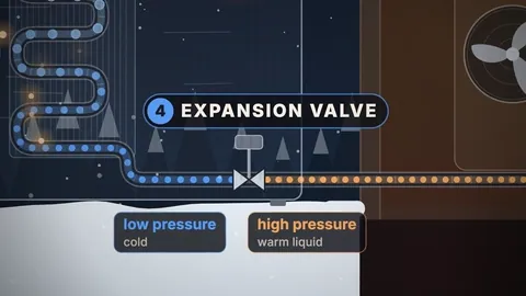 An animated refrigerant cycle: evaporator, compressor, condenser and expansion valve.