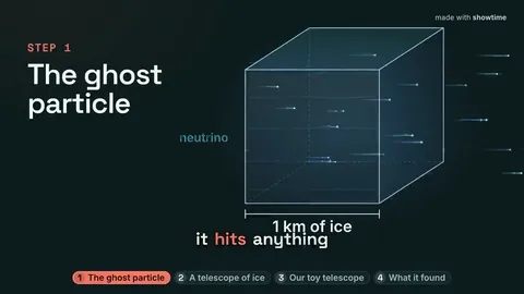 A pause-and-think card: what are the odds a neutrino hits anything in a kilometre of ice? Three choices and a countdown.