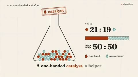 A flask of orange and teal dots tips toward orange under a catalyst stamp: 48 to 22, tipped.