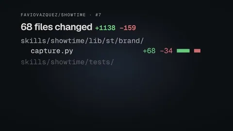 68 files changed, +1138 -159: a file tree with green and red bars, from showtime's pull request #7.