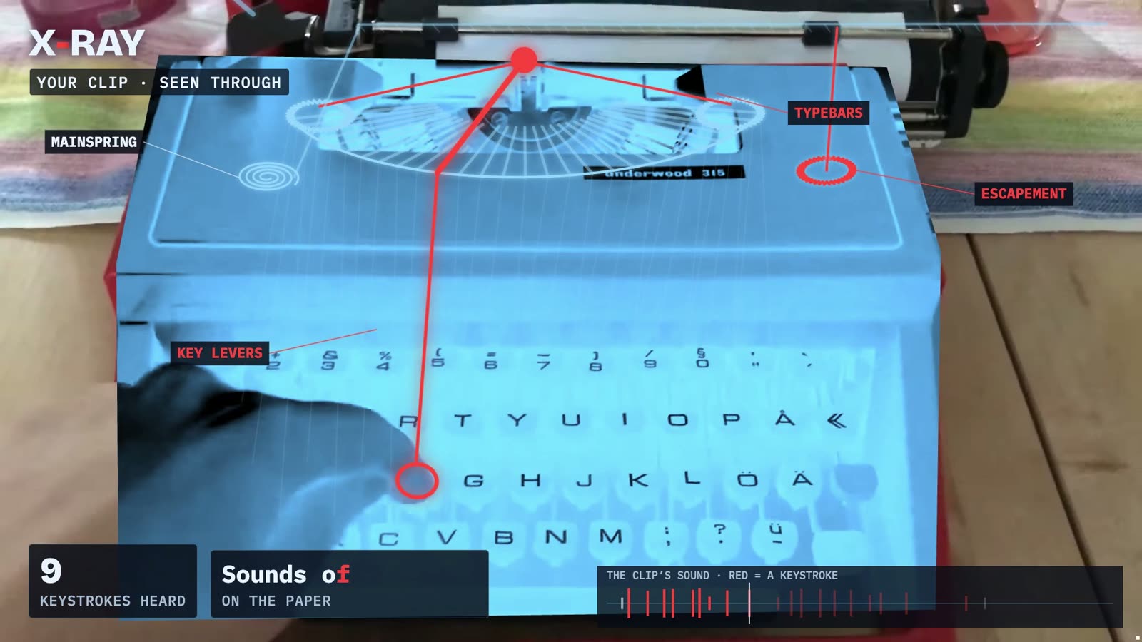 A typewriter filmed on a desk, its typebars, ribbon and escapement drawn in glowing lines on the machine itself as it types, with the receipt: 19 of 19 events on their frame, audio 0.0 ms from the original.