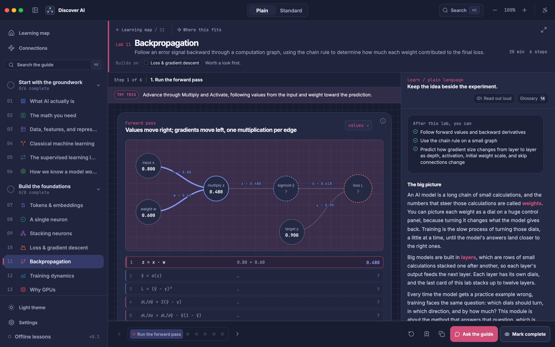 The backpropagation lab in dark theme