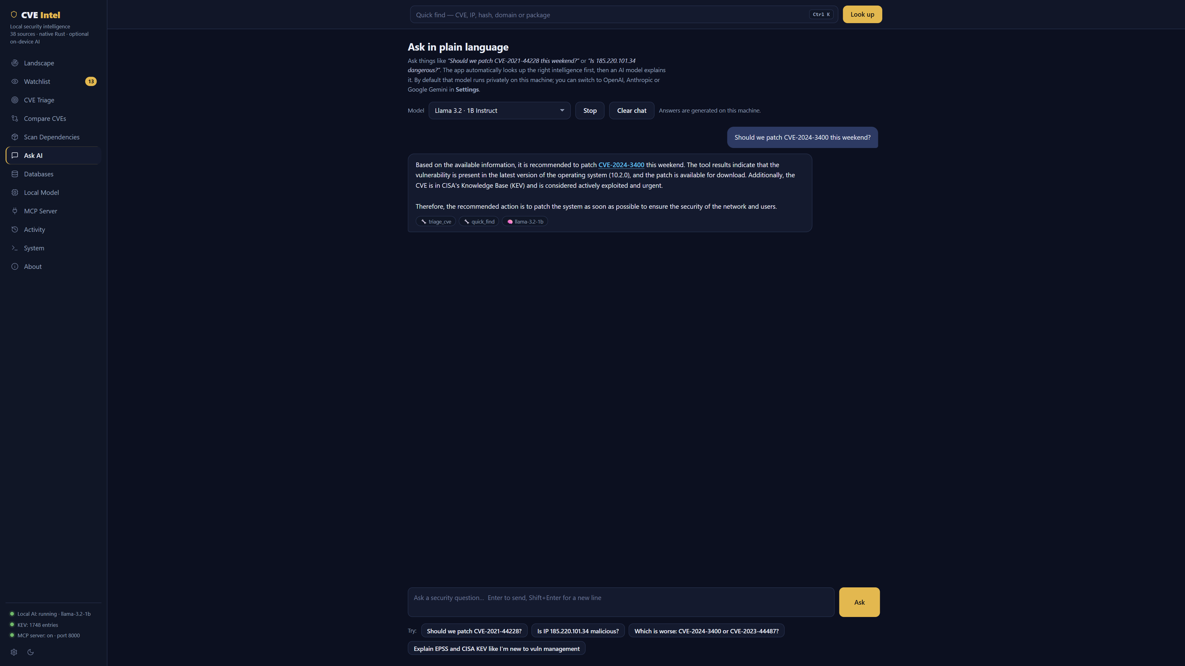 Ask AI comparing CVE-2024-3400 and CVE-2023-44487 with the local Qwen 2.5 3B model, citing the triage_cve and compare_cves tools