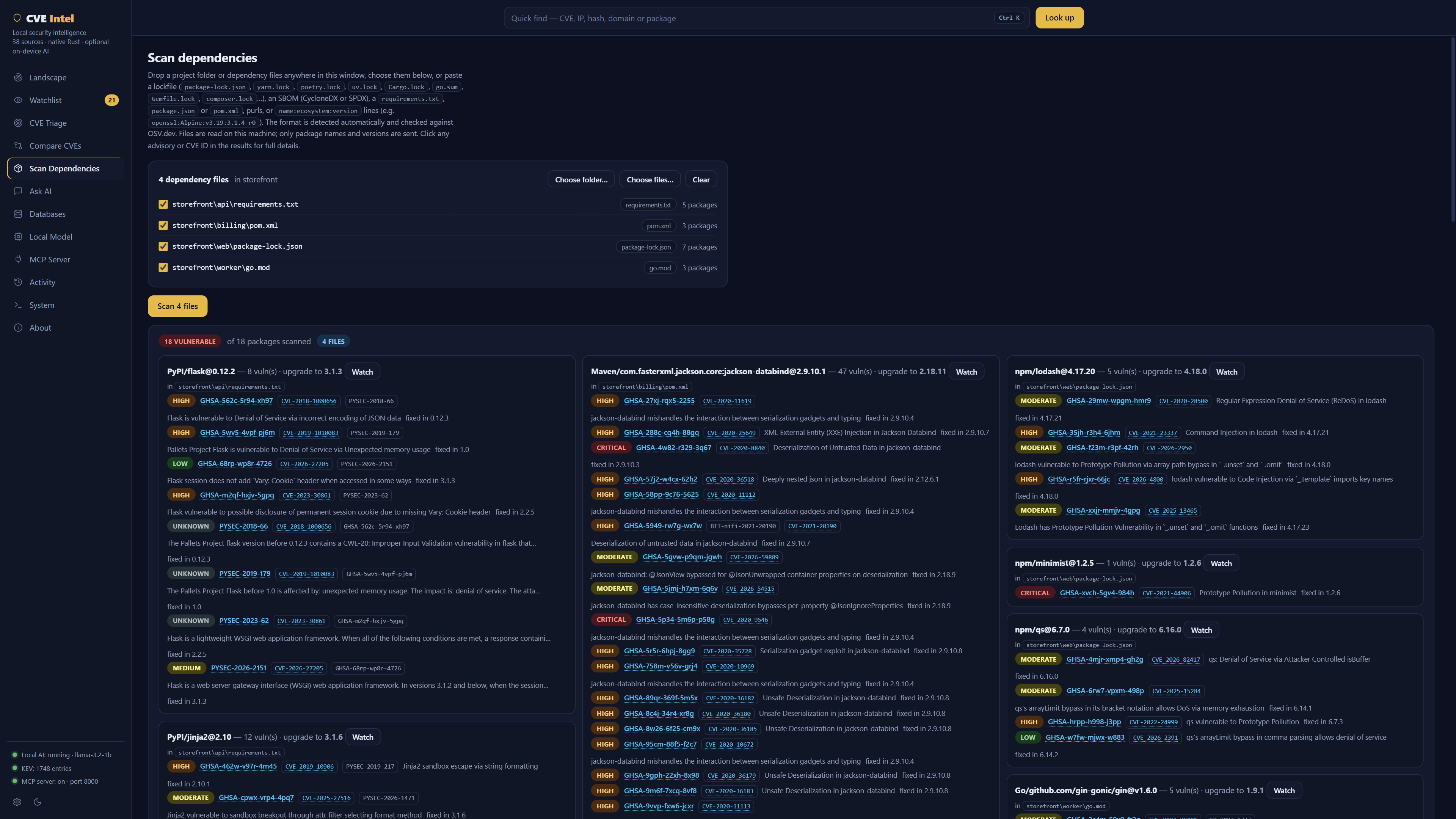 Dependency scan listing known vulnerabilities in requests 2.19.0, flask 0.12.2 and lodash 4.17.20
