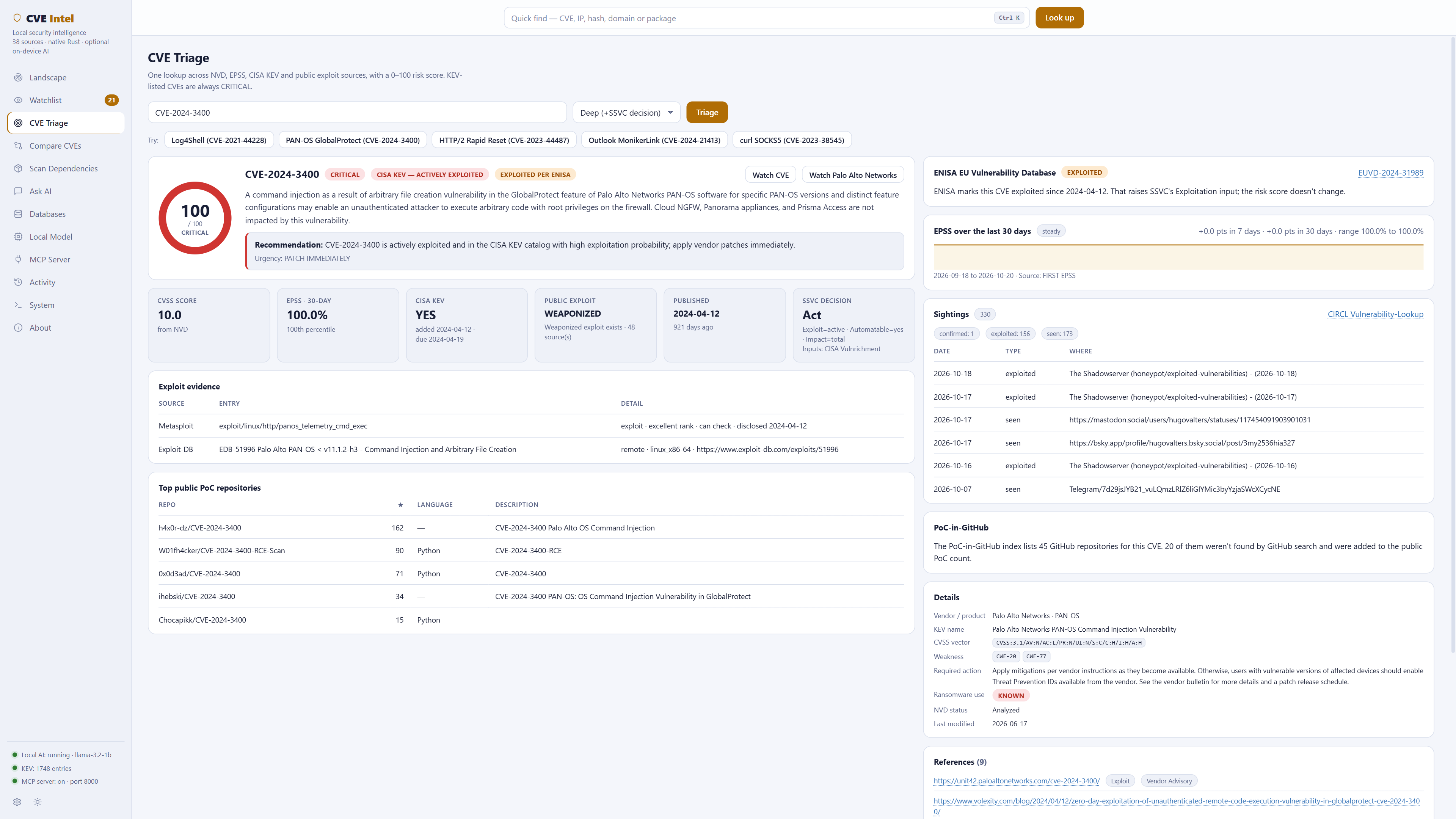 CVE Triage for CVE-2024-3400 in the light theme, showing a CRITICAL score, KEV dates and top public PoC repositories