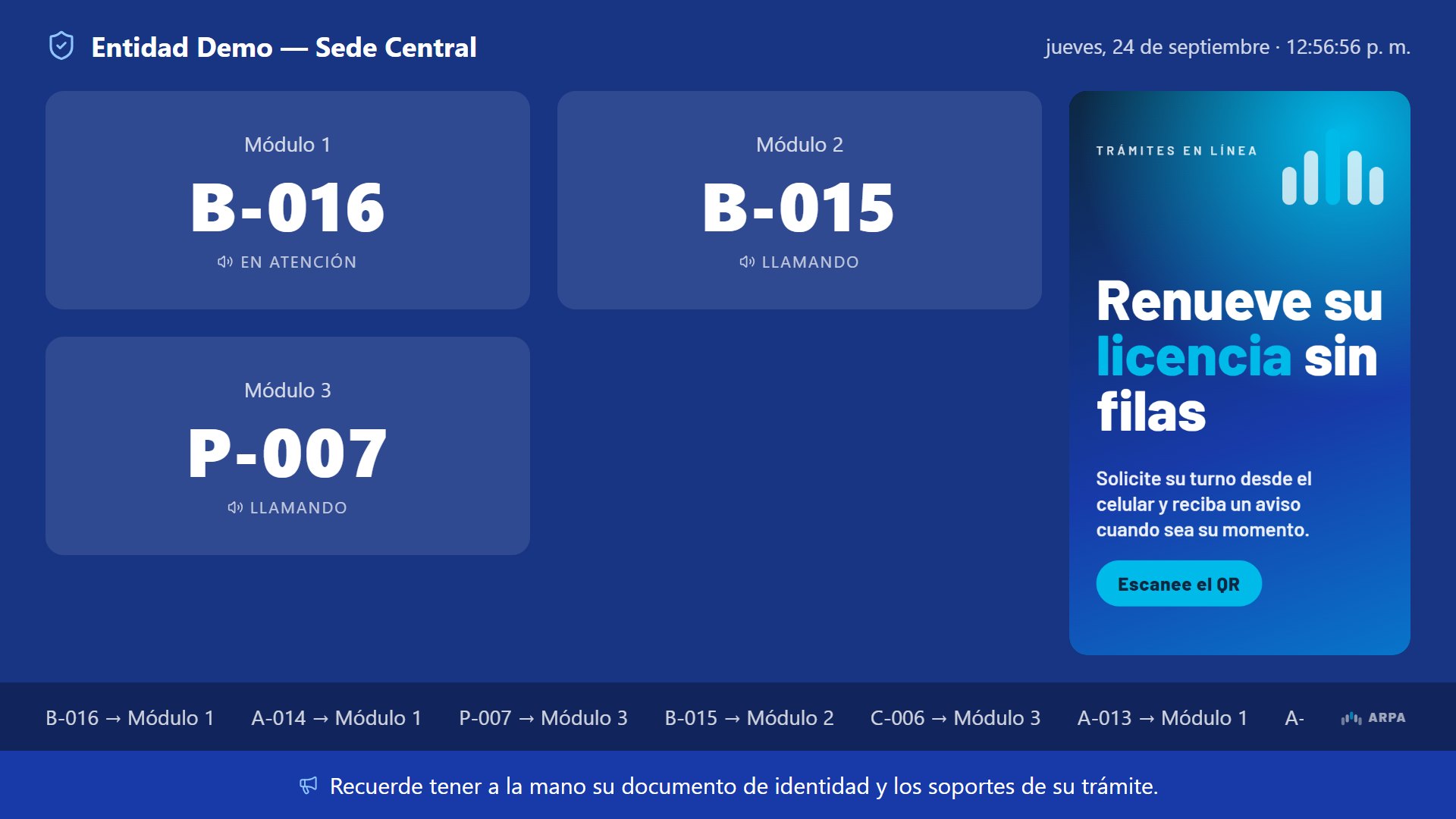 Pantalla de turnos en TV con llamados en vivo