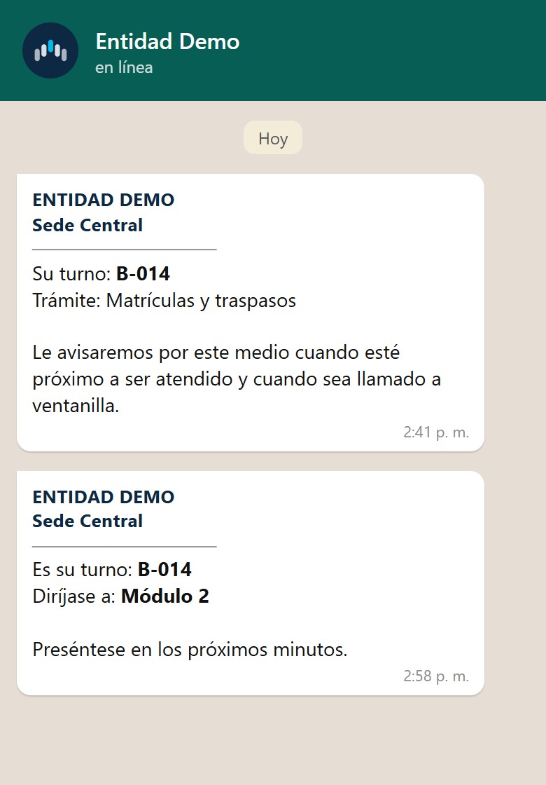 Ejemplo de mensajes de WhatsApp con turno y ventanilla