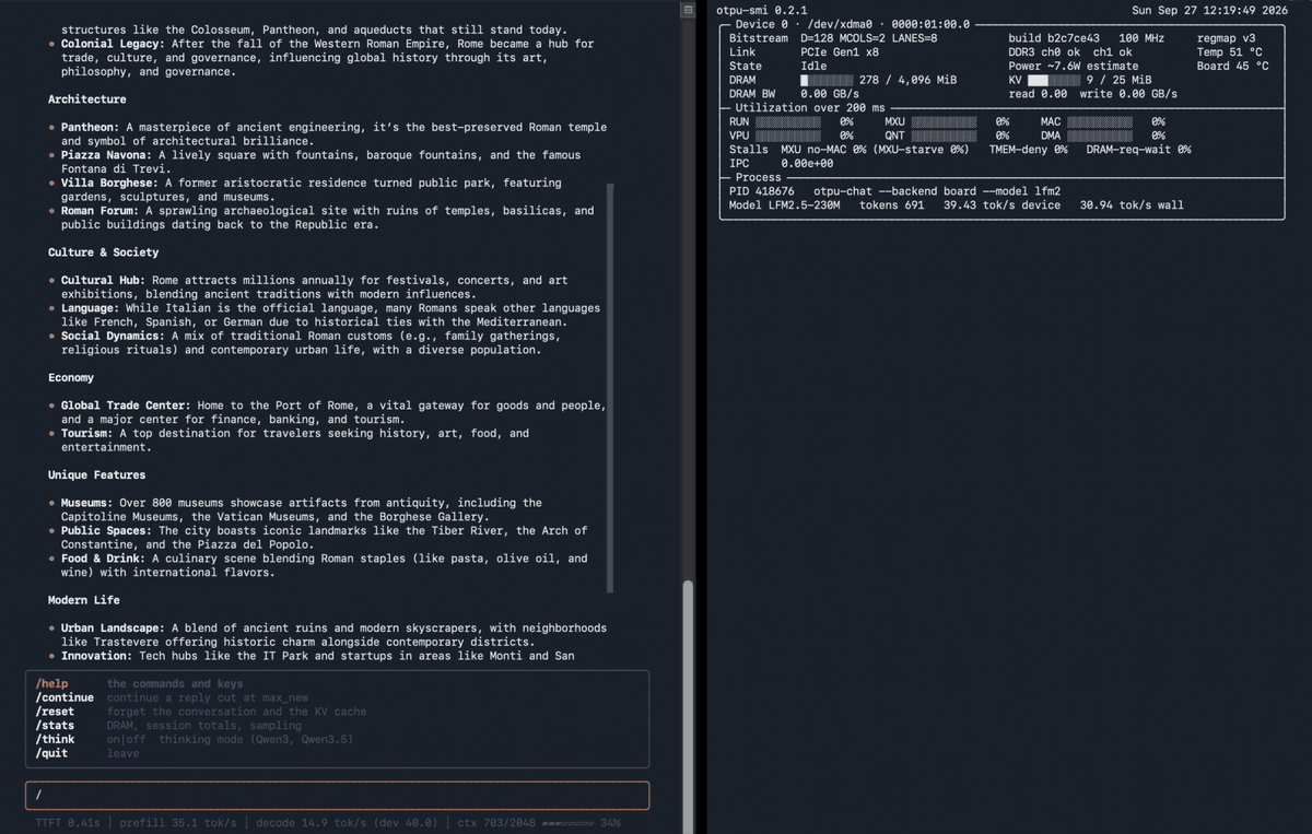 Animated openTPU FPGA chat demo with card utilization and DRAM bandwidth