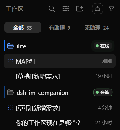 工作区蓝色竖条，组内有执行中会话