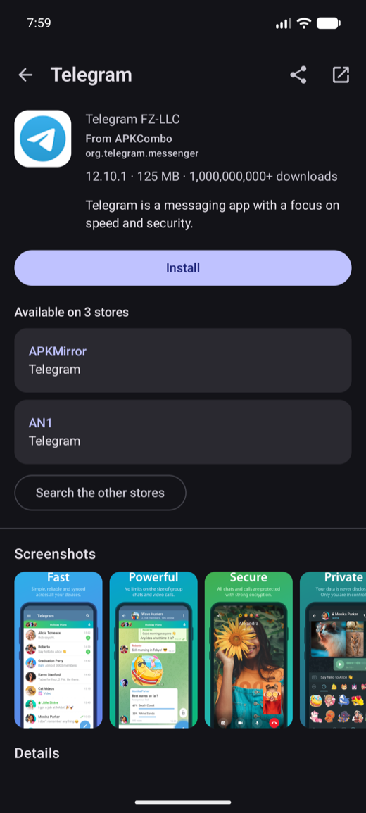 An app listing: the same app on three stores, with its screenshots