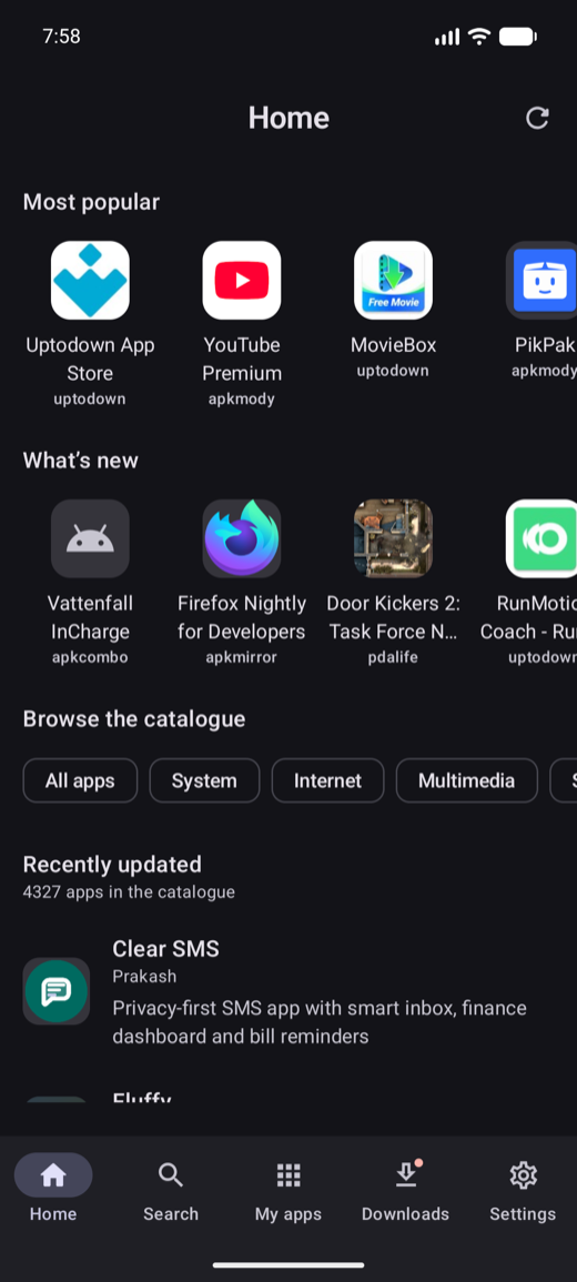Home, with the most popular and newest apps from the signed index