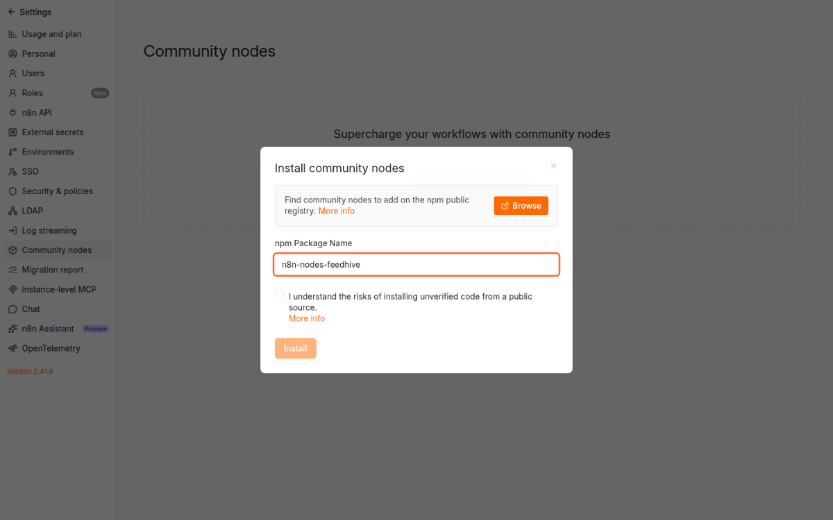 Where to enter the FeedHive package name in n8n's community-node installation dialog