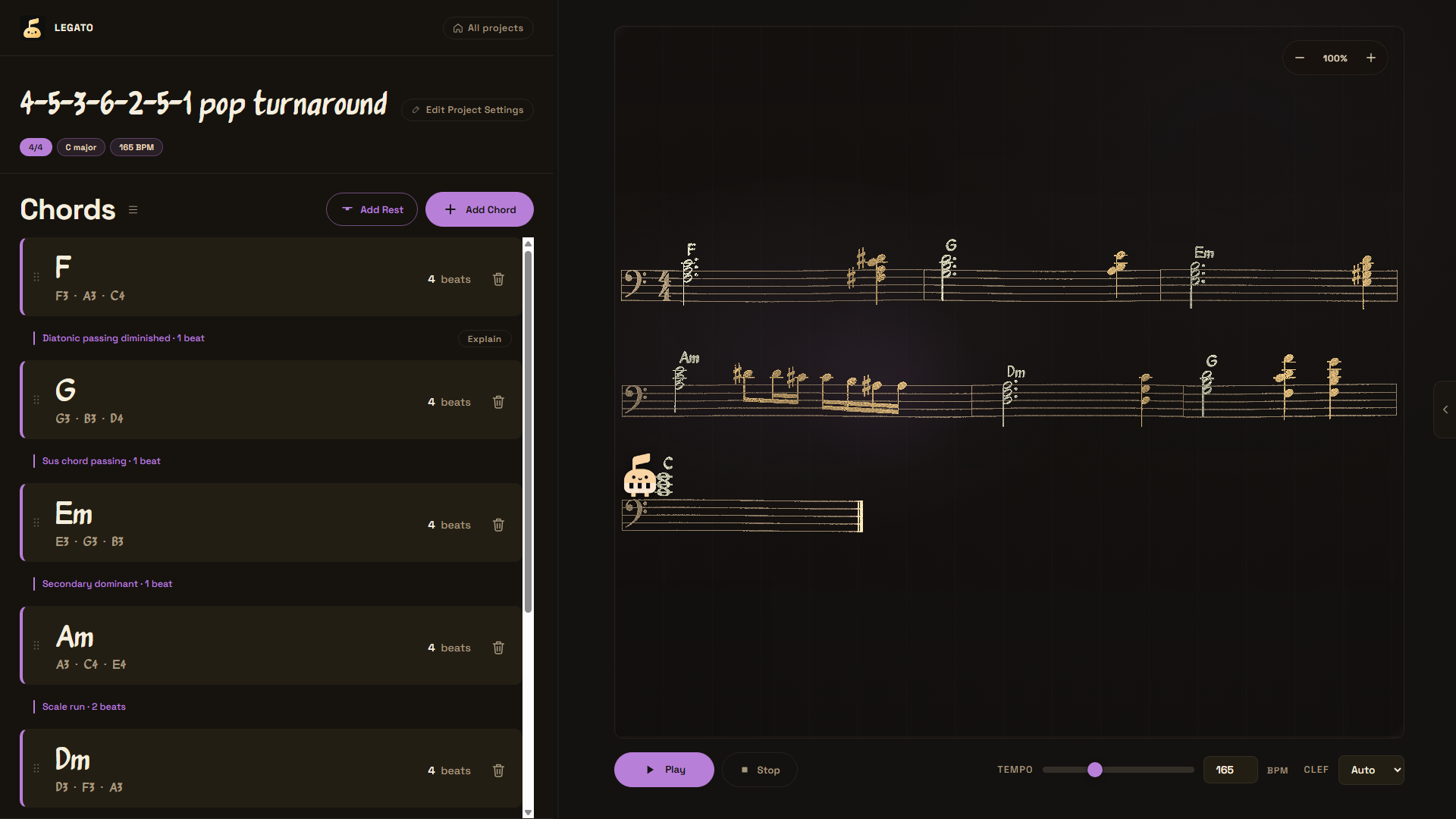 LEGATO progression studio showing editable chords and transitions beside synchronized sheet music and playback controls
