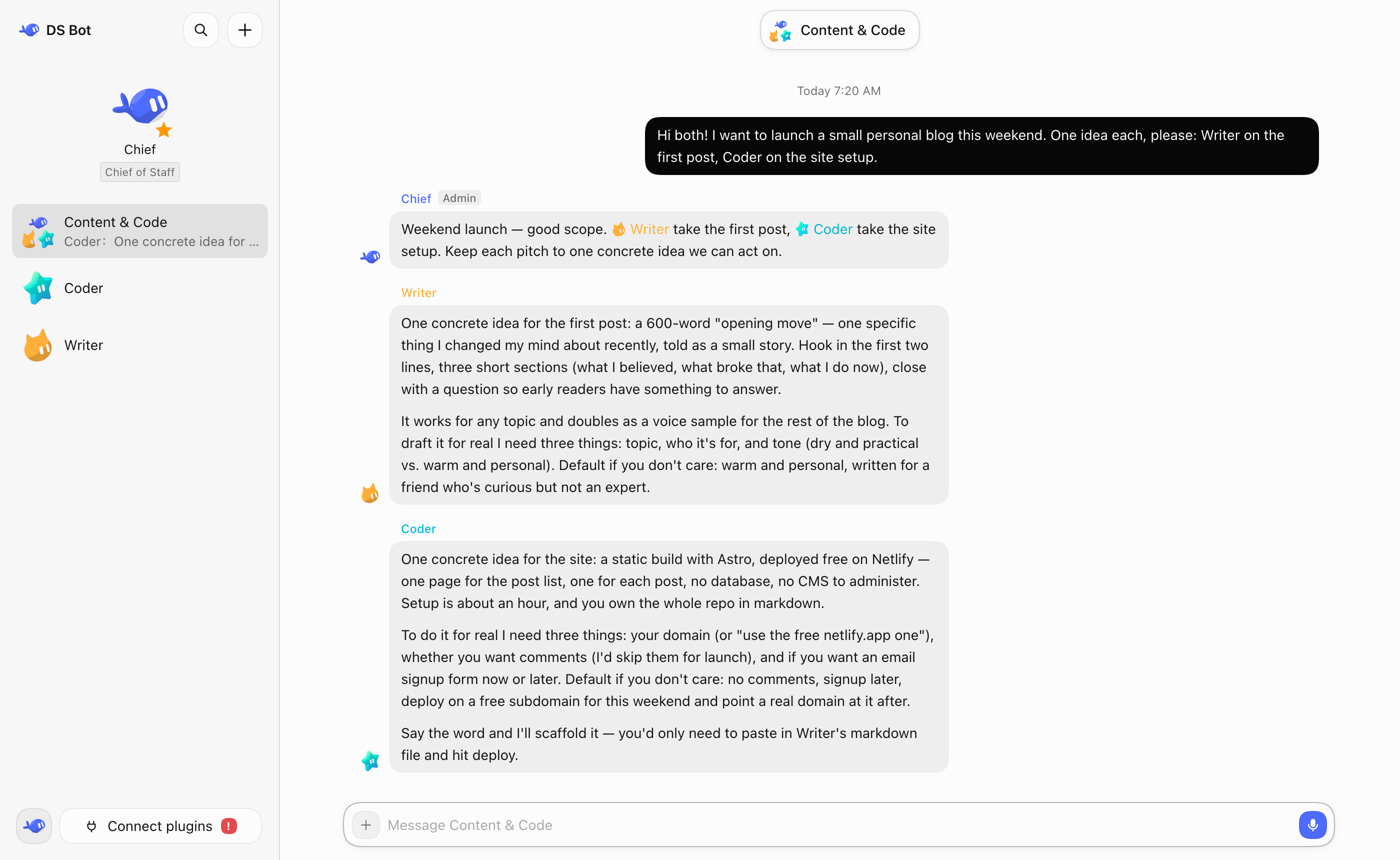 Group chat: the admin, Chief, hands the work to Writer and Coder