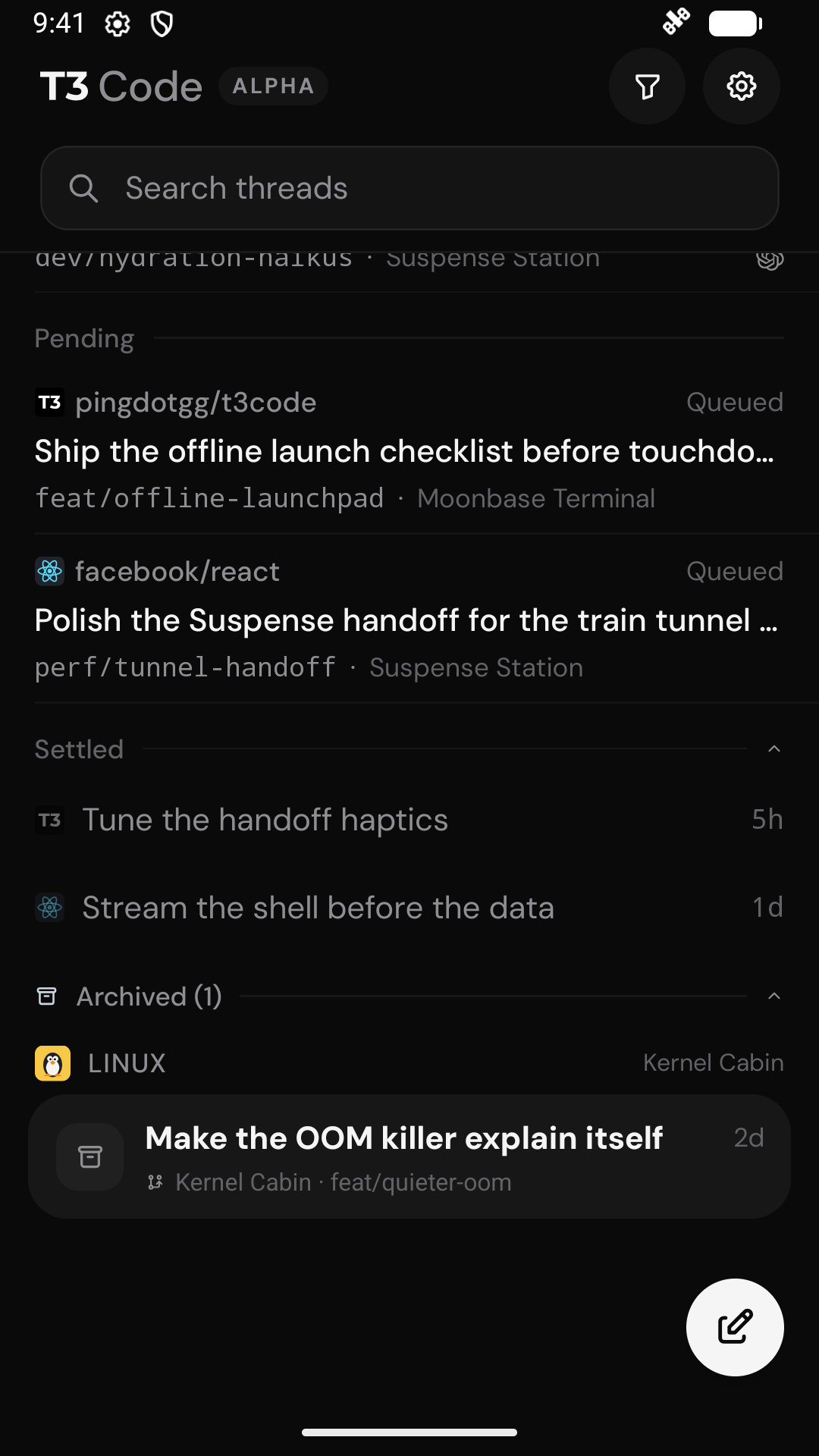 Expanded Archived shelf at the bottom of the mobile thread list