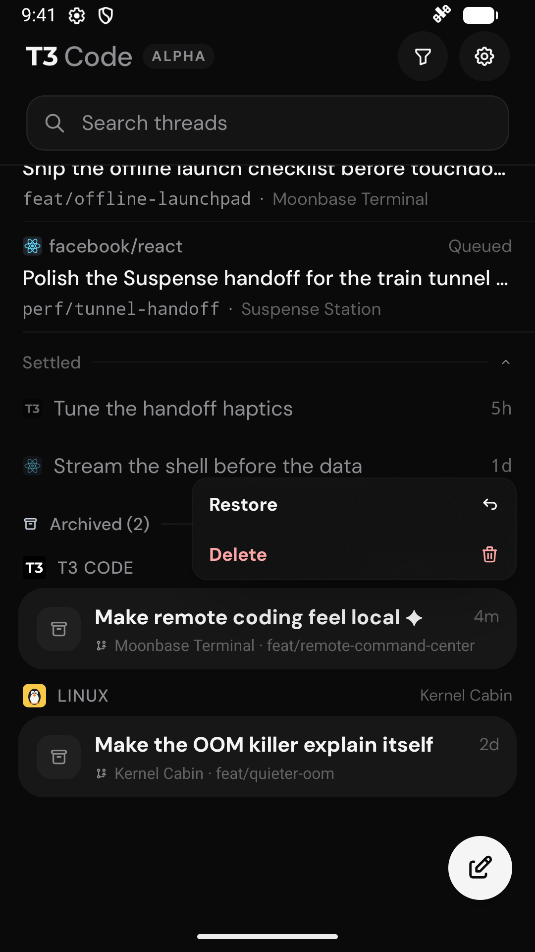 Restore and Delete actions in the archived row long-press menu