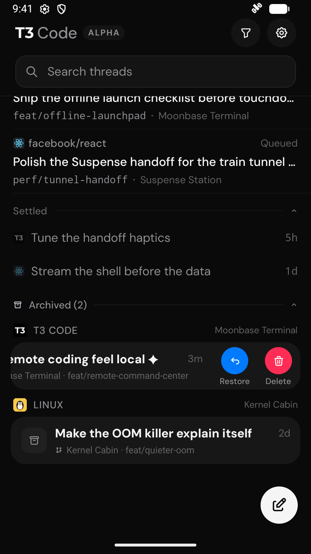 Restore and Delete actions revealed by swiping an archived row