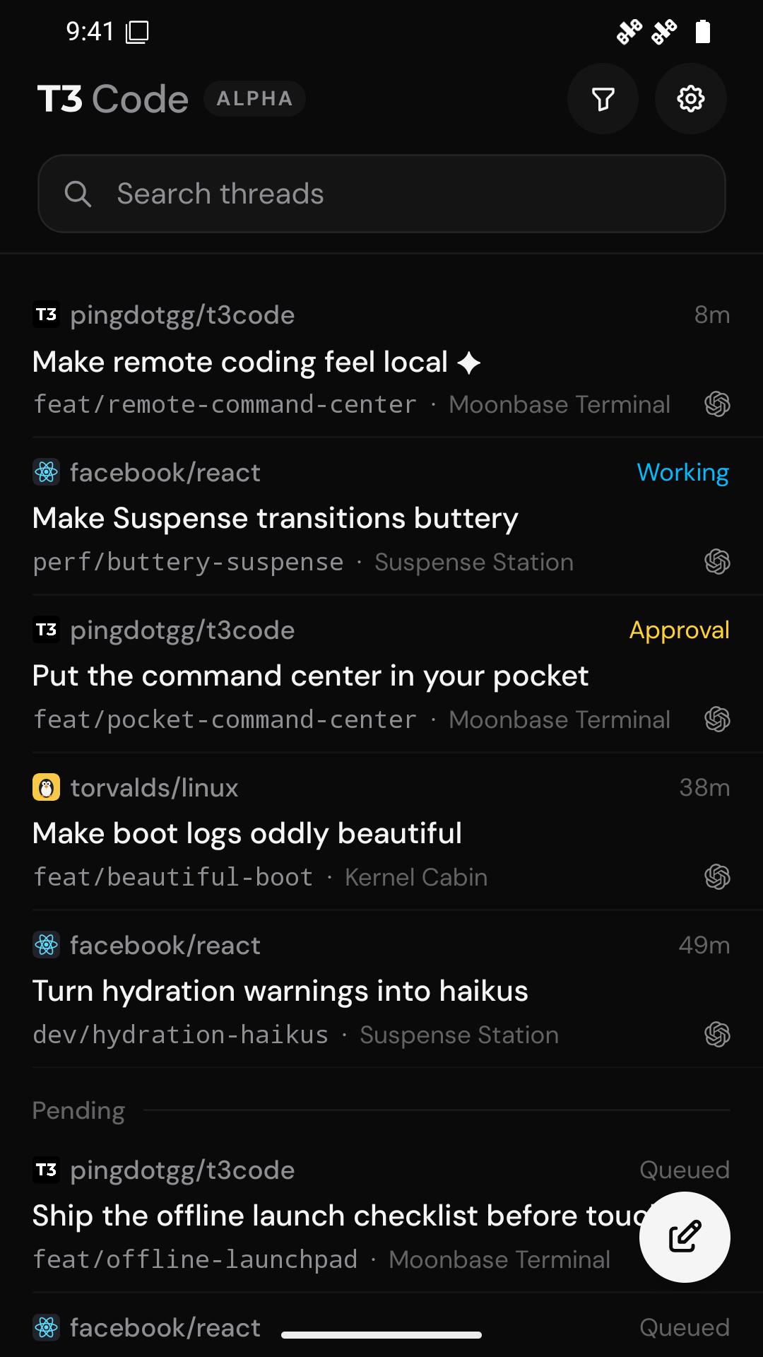 Mobile thread list before the inline archive shelf