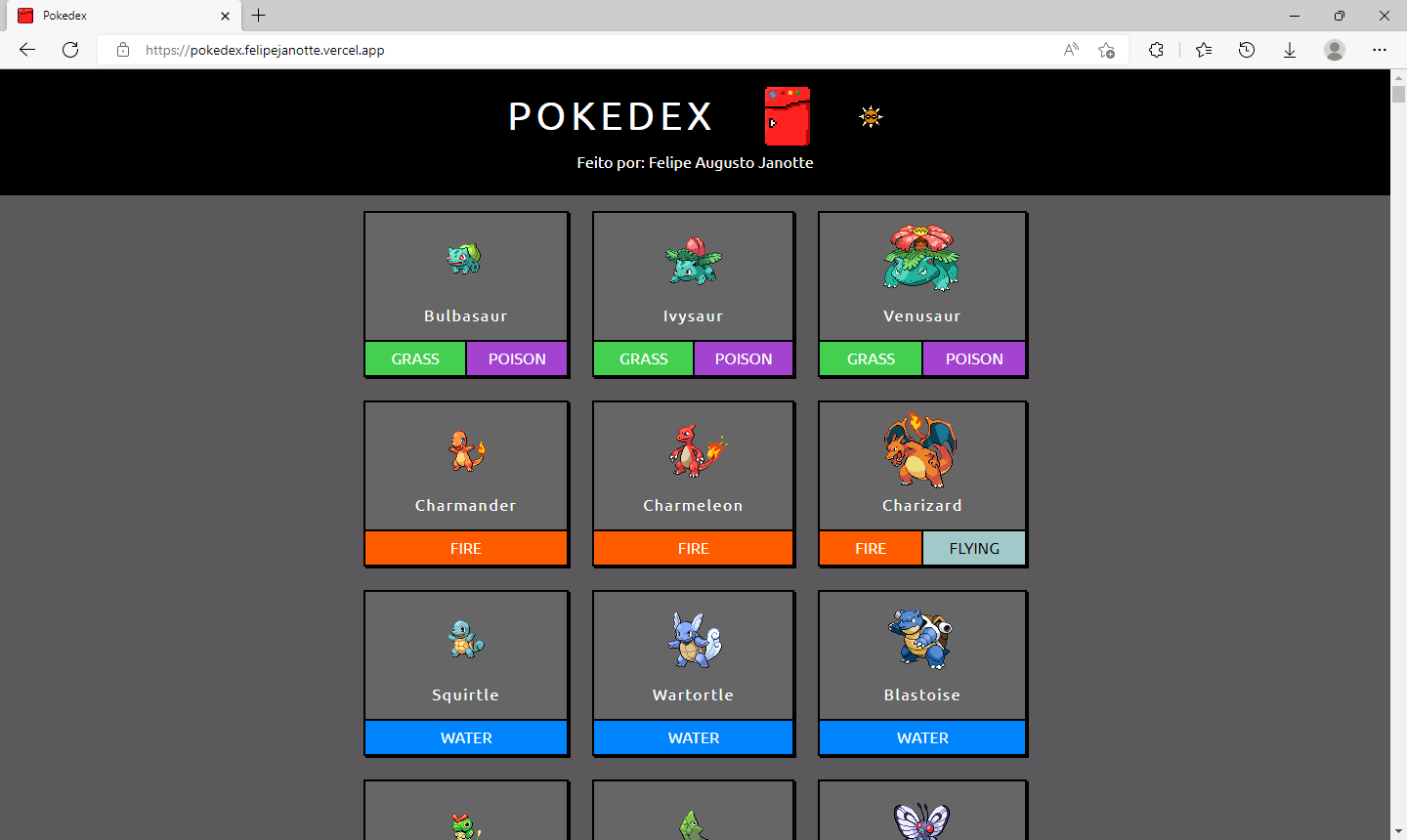 Tela inicial da Pokedex em tema escuro