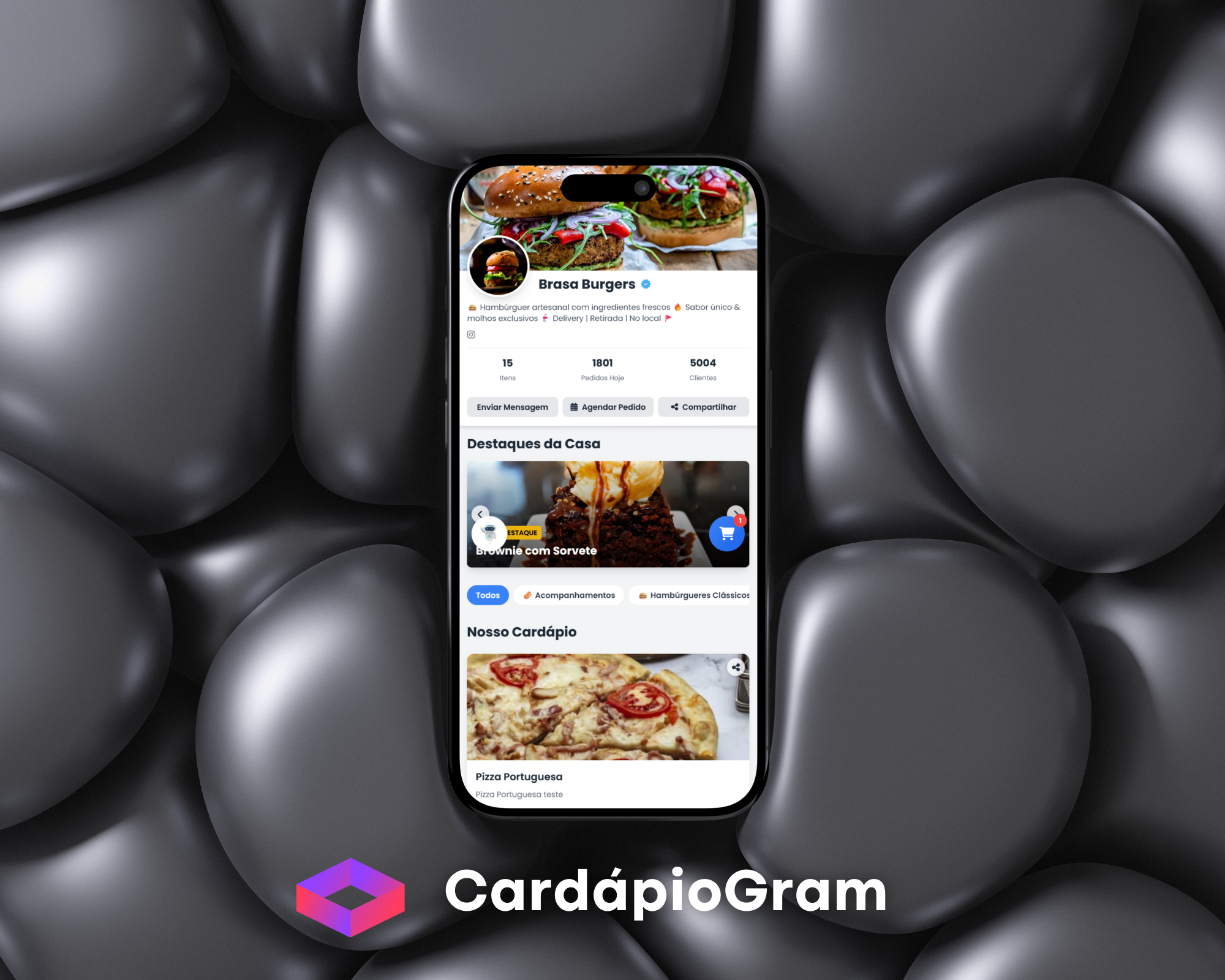Demonstração do Cardápio Digital CardápioGram em um celular e tablet