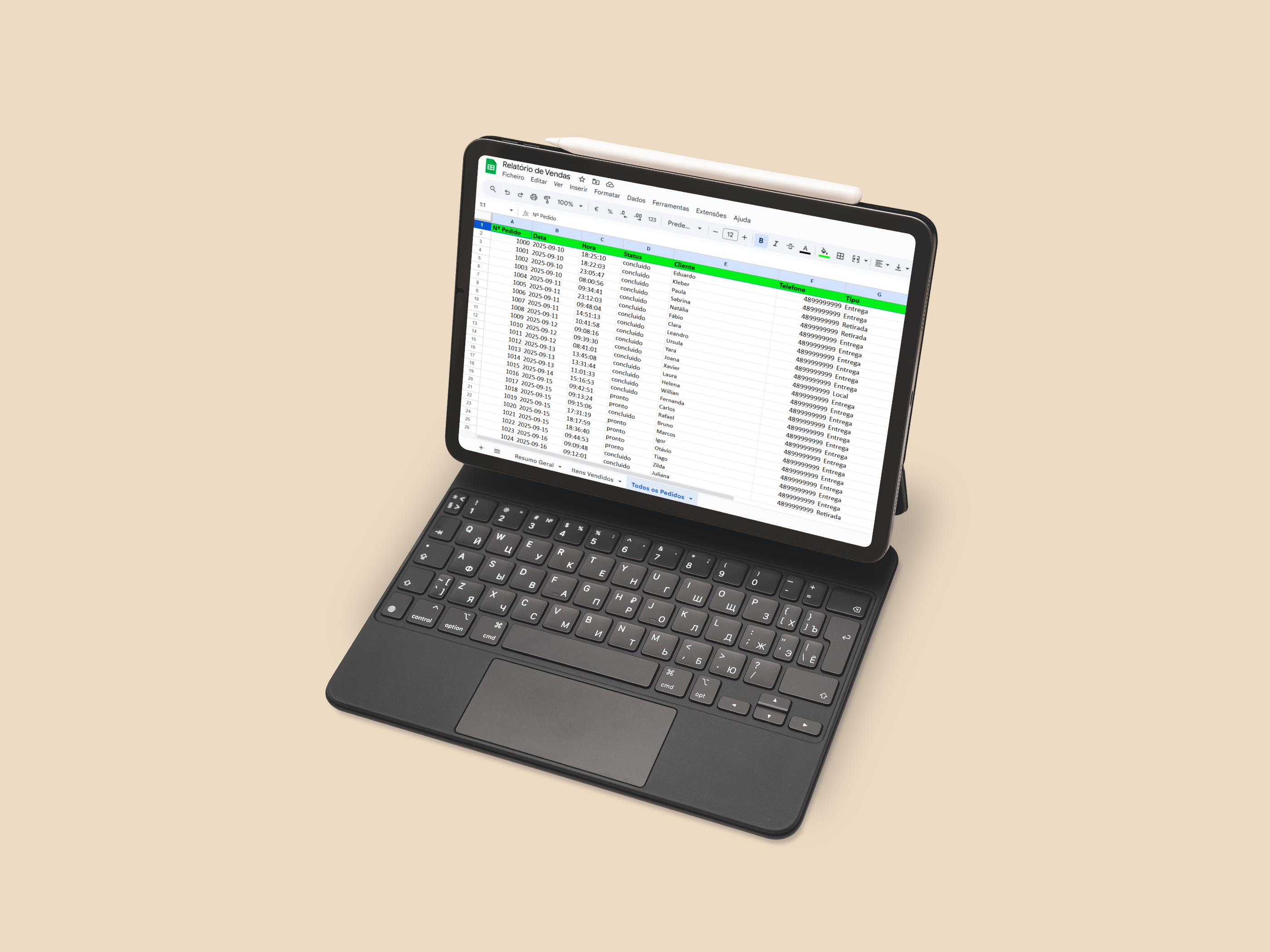 Relatórios financeiros exportados para Excel em um tablet