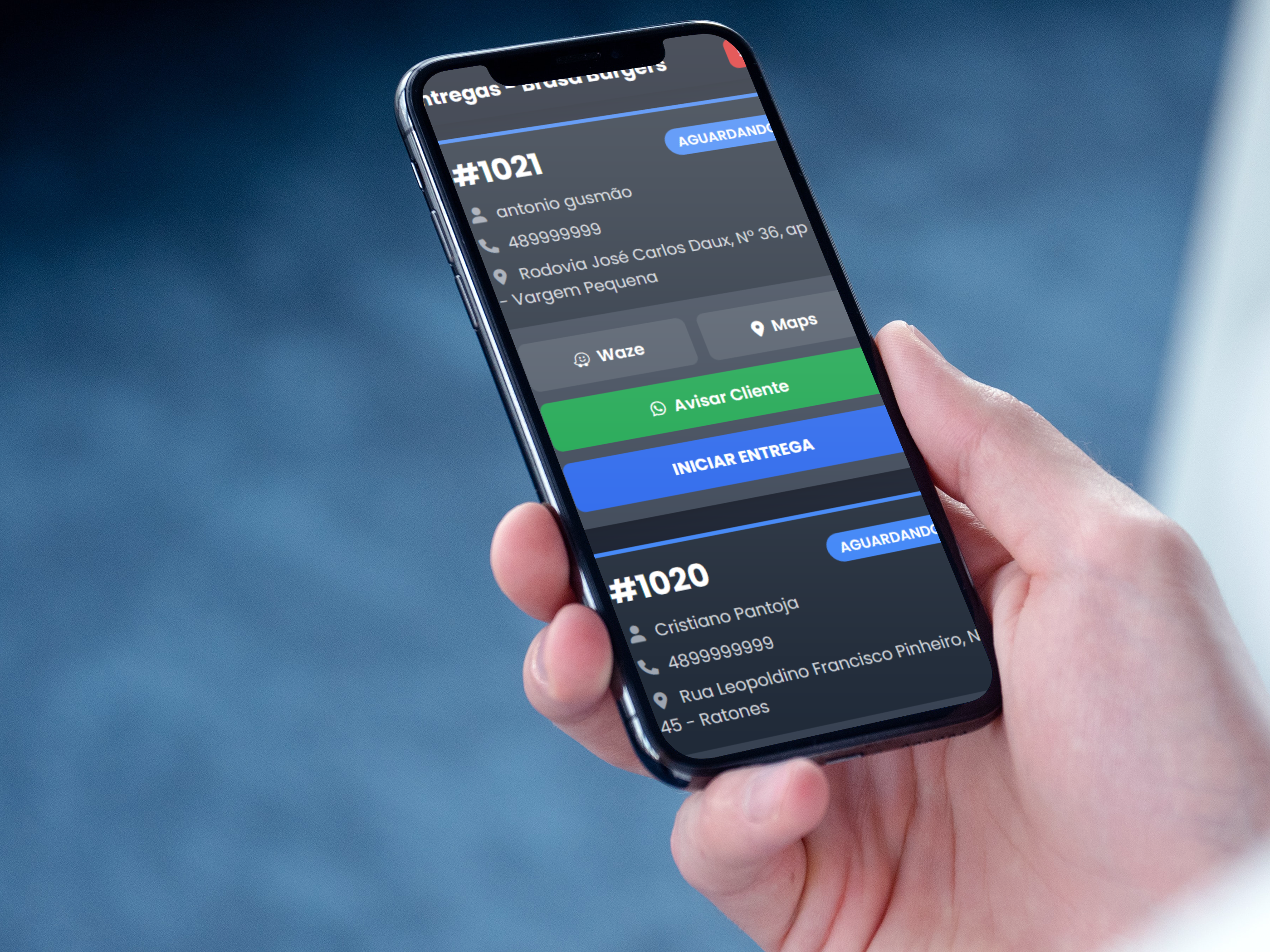 Painel do entregador do CardápioGram em um celular