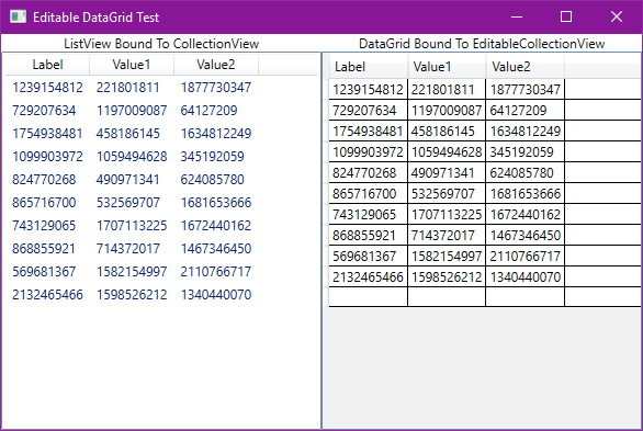 Screenshot of the EditableDataGridTest example