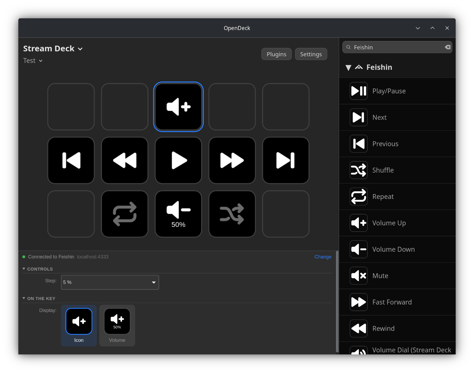 OpenDeck with Feishin keys: previous, rewind, play, fast forward, next, repeat, volume with 50% and shuffle, and the settings of a Volume Up key with pictures of the key